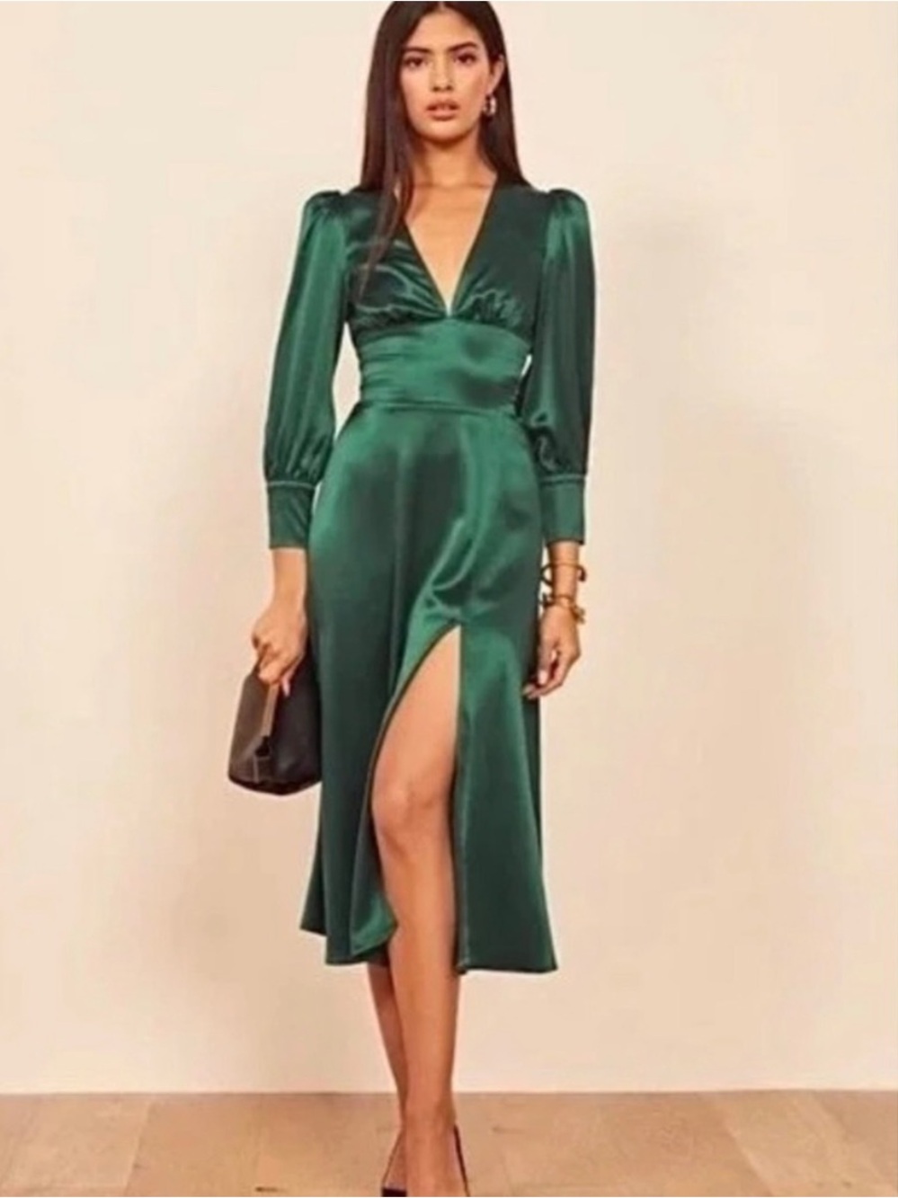 Reformation Keats Emerald Satin Midi Dress with V-Neck and Thigh Slit